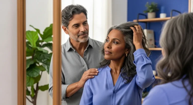 À 55 ans, ces cheveux gris longs effacent 10 ans sans teinture ni bistouri